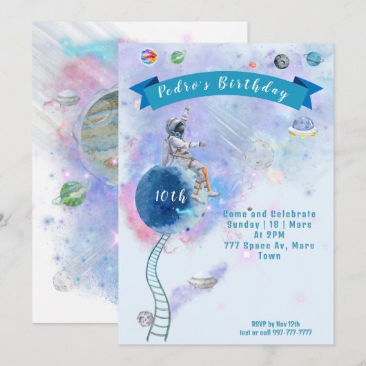 Invitation Aquarelle Et Anniversaire De L'Espace (Devant / Derrière)