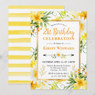 Invitation Aquarelle et Fleurs Jaunes 21e anniversaire