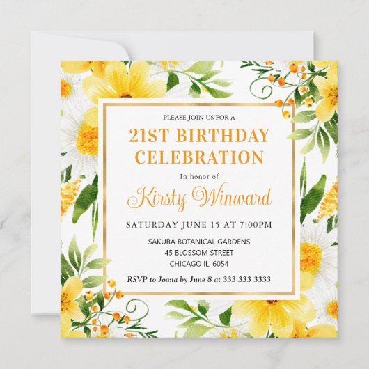 Invitation Aquarelle et Fleurs Jaunes Anniversaire (Devant)