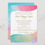 Invitation Aquarelle et or du Bat mitzvah de musique<br><div class="desc">Couleurs vives de rose et bleu turquoise aquarelle design avec notes de musique dorée et Star of David,  invitation Bat mitzvah. Personnalisez le texte comme préféré.</div>