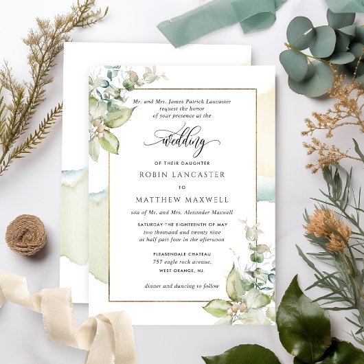 Invitation Aquarelle et verdure Eucalyptus Mariage élégant