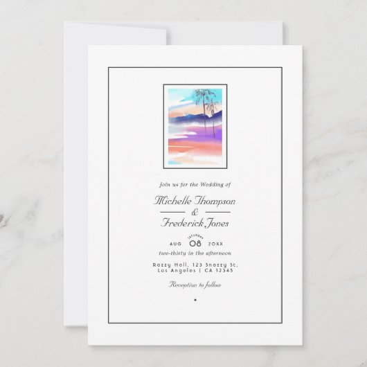 Invitation Aquarelle Été QR Code RSVP Plage Mariage (Devant)