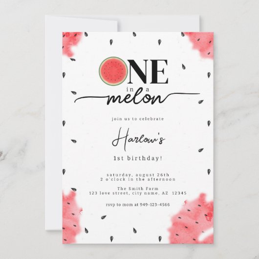 Invitation Aquarelle Été UN dans une pastèque rouge melon (Devant)
