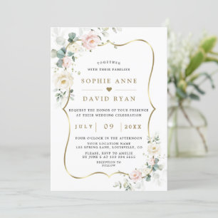 Invitation Aquarelle Ethereal Roses Feuille Mariage or