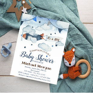 Invitation Aquarelle Étoiles, Nuages, Avion Shower de Bébé