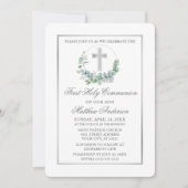 Invitation Aquarelle Eucalyptus Argent Première communion (Devant)
