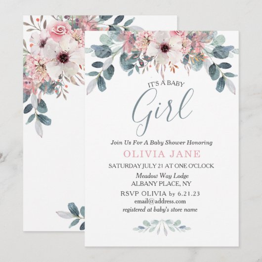 Invitation Aquarelle Eucalyptus Baby shower Floral (Devant / Derrière)