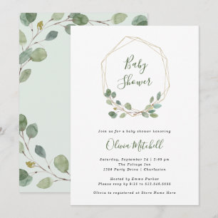 Invitation Aquarelle Eucalyptus Baby shower géométrique or