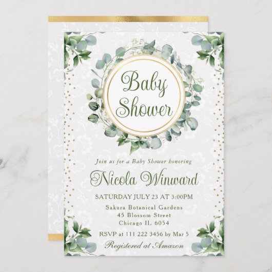 Invitation Aquarelle Eucalyptus Baby shower vert (Devant / Derrière)