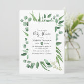 Invitation Aquarelle Eucalyptus Baby shower vert (Debout devant)