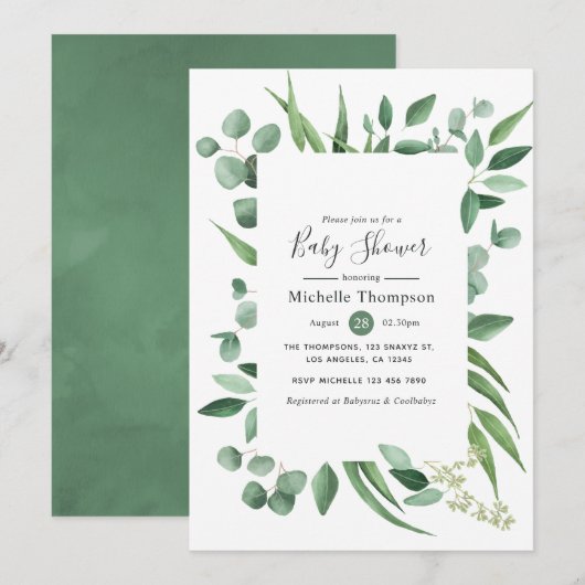 Invitation Aquarelle Eucalyptus Baby shower vert (Devant / Derrière)
