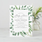 Invitation Aquarelle Eucalyptus Baby shower vert (Debout devant)