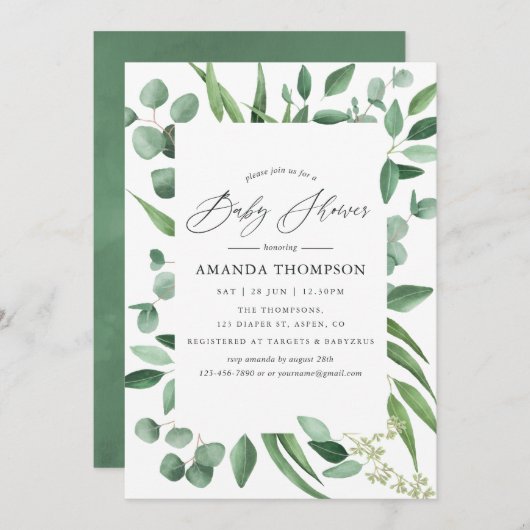 Invitation Aquarelle Eucalyptus Baby shower vert (Devant / Derrière)