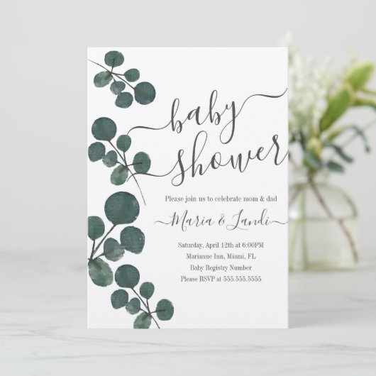 Invitation Aquarelle Eucalyptus Baby shower vert Kraft (Debout devant)