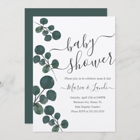 Invitation Aquarelle Eucalyptus Baby shower vert Kraft (Devant / Derrière)