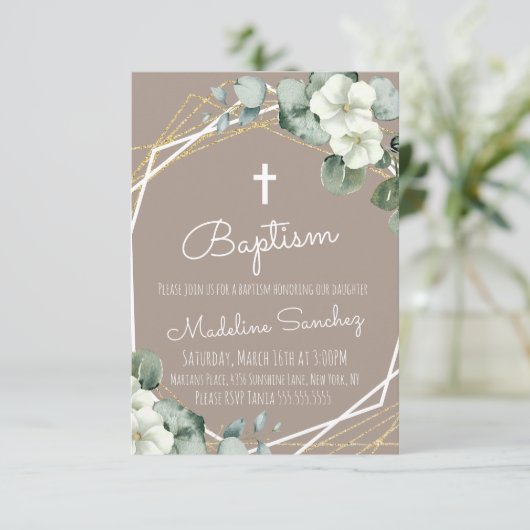 Invitation Aquarelle Eucalyptus Baptême bébé Dédication (Debout devant)
