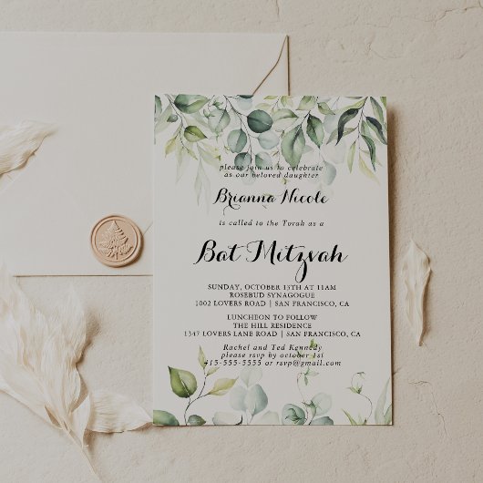 Invitation Aquarelle Eucalyptus Bat mitzvah de verdure
