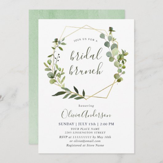 Invitation Aquarelle Eucalyptus BRUNCH VERT (Devant / Derrière)