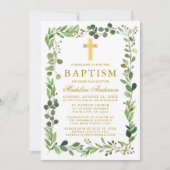 Invitation Aquarelle Eucalyptus Cadre Or Baptême (Devant)