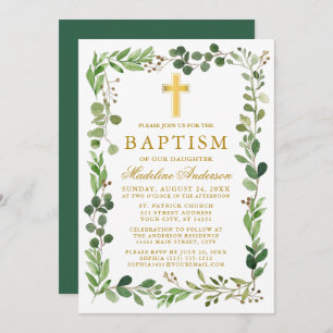 Invitation Aquarelle Eucalyptus Cadre Or Baptême