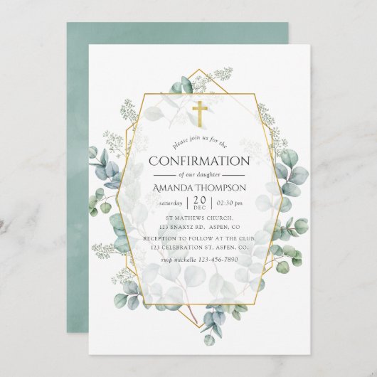 Invitation Aquarelle Eucalyptus Confirmation géométrique (Devant / Derrière)