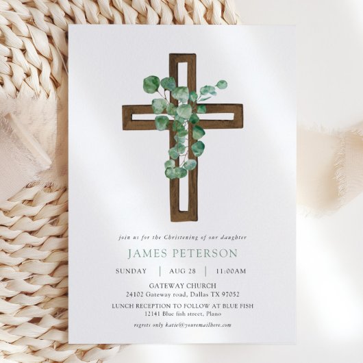 Invitation Aquarelle Eucalyptus Croix moderne Christine