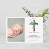 Invitation Aquarelle Eucalyptus Croix moderne Photo Baptême (Debout devant)