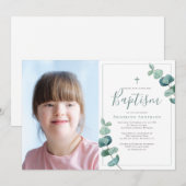 Invitation Aquarelle Eucalyptus Cross Photo Baptême (Devant / Derrière)