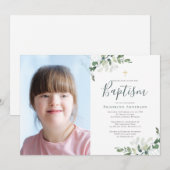 Invitation Aquarelle Eucalyptus Cross Photo Baptême (Devant / Derrière)