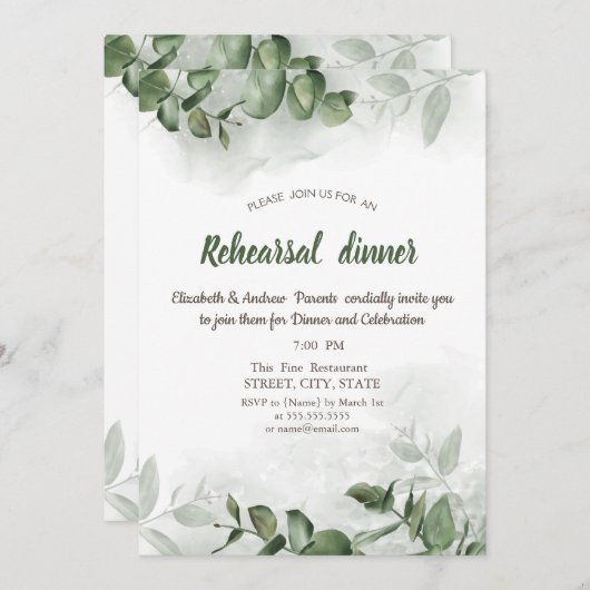 Invitation Aquarelle Eucalyptus Dîner de répétition de verdur (Devant / Derrière)
