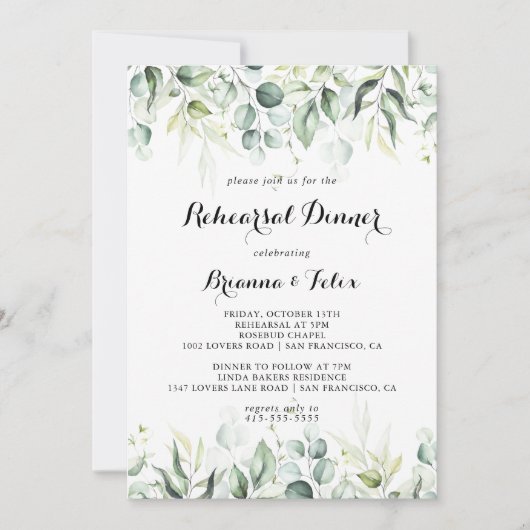 Invitation Aquarelle Eucalyptus Dîner de répétition de verdur (Devant)