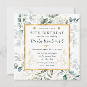Invitation Aquarelle Eucalyptus et cadre doré 50e Anniversair