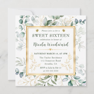 Invitation Aquarelle Eucalyptus et cadre doré Sweet 16