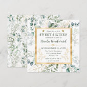 Invitation Aquarelle Eucalyptus et cadre or Sweet 16 (Devant / Derrière)