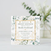 Invitation Aquarelle Eucalyptus et cadre or Sweet 16 (Debout devant)