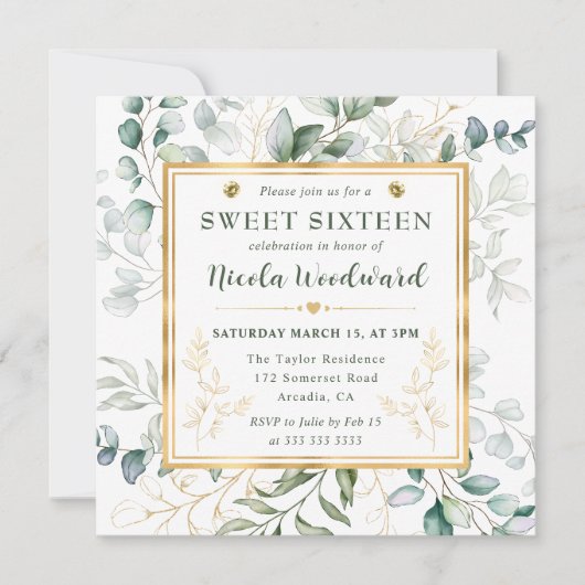 Invitation Aquarelle Eucalyptus et cadre or Sweet 16 (Devant)