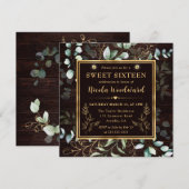 Invitation Aquarelle Eucalyptus et cadre or Sweet 16 (Devant / Derrière)