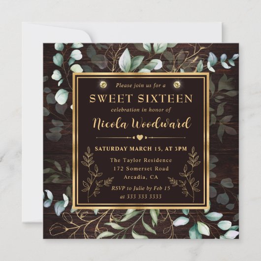 Invitation Aquarelle Eucalyptus et cadre or Sweet 16 (Devant)