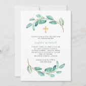 Invitation Aquarelle Eucalyptus et Croix d'or | Baptême (Devant)