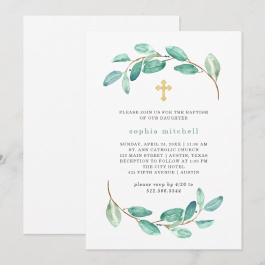 Invitation Aquarelle Eucalyptus et Croix d'or | Baptême (Devant / Derrière)