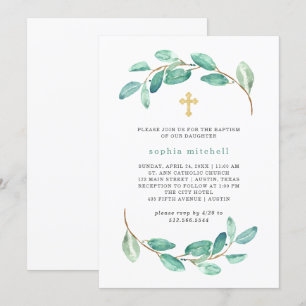 Invitation Aquarelle Eucalyptus et Croix d'or   Baptême