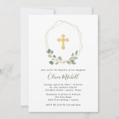 Invitation Aquarelle Eucalyptus et Gold Cross| Baptême (Devant)
