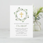 Invitation Aquarelle Eucalyptus et Gold Cross| Baptême (Debout devant)