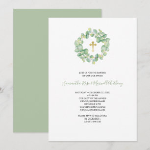 Invitation Aquarelle Eucalyptus et Gold Cross Baptism