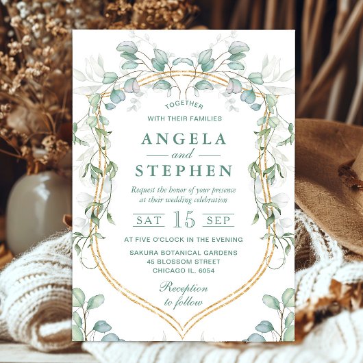 Invitation Aquarelle Eucalyptus et Mariage de trame or