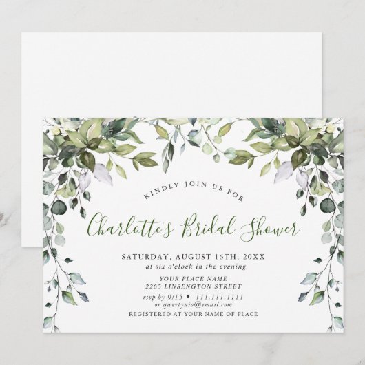 Invitation Aquarelle Eucalyptus Fête des mariées verte (Devant / Derrière)