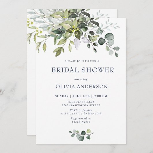 Invitation Aquarelle Eucalyptus Fête des mariées verte (Devant / Derrière)