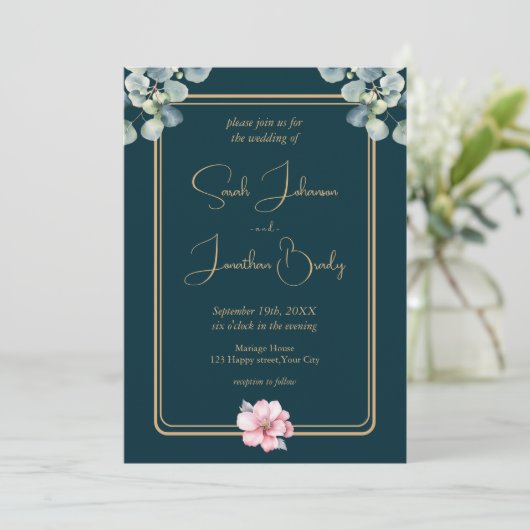 Invitation Aquarelle Eucalyptus Feuillage Mariage rose Fleur (Debout devant)