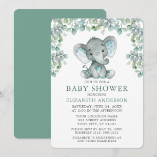 Invitation Aquarelle Eucalyptus Feuille Baby shower éléphant