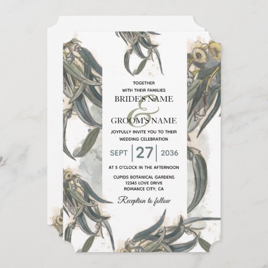 Invitation Aquarelle Eucalyptus Feuille Mariage vert (Devant / Derrière)